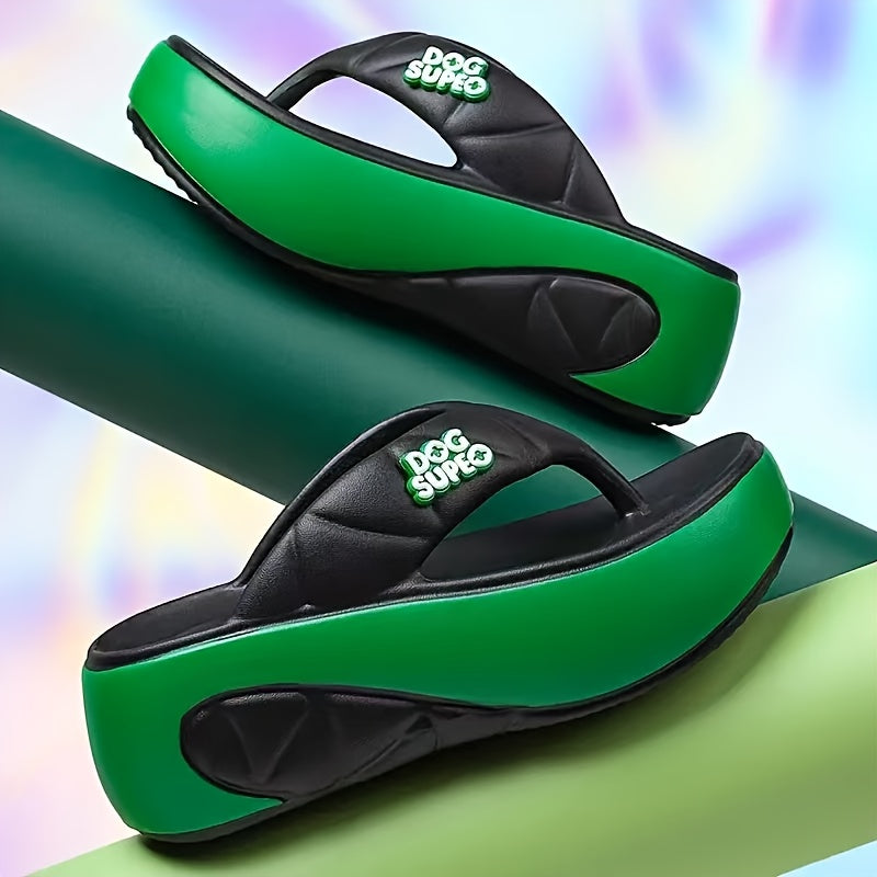 Women's EVA Thick Sole Flip Flops - Anti-Slip Soft Comfortable Slip-On Sandals with Green Accents & Dog SUEPO Text, All-Season Indoor/Outdoor Casual Shoes for Beach Walks, Daily Commuting