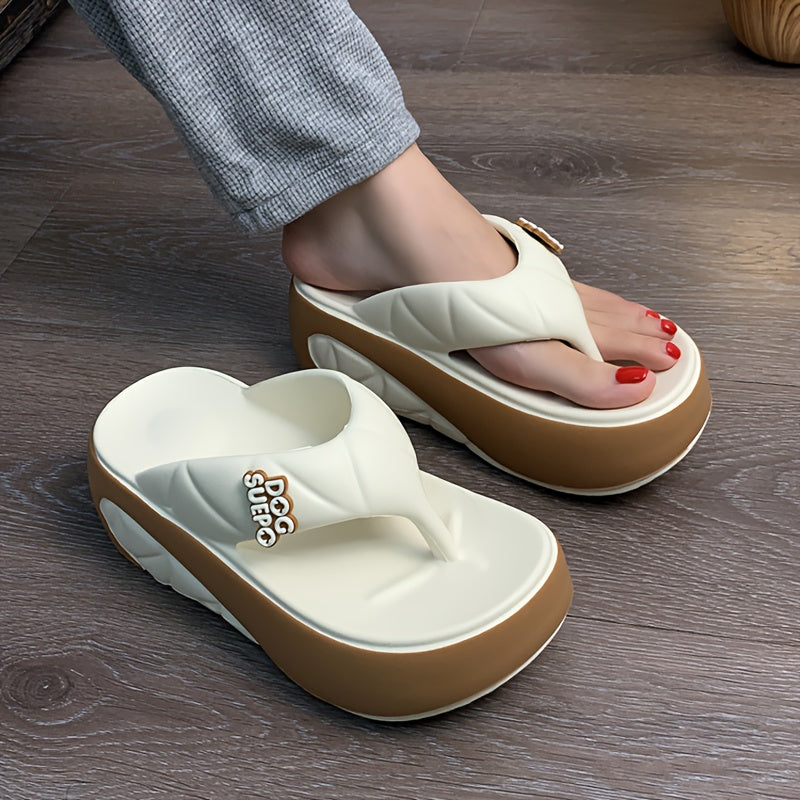 Women's EVA Thick Sole Flip Flops - Anti-Slip Soft Comfortable Slip-On Sandals with Green Accents & Dog SUEPO Text, All-Season Indoor/Outdoor Casual Shoes for Beach Walks, Daily Commuting