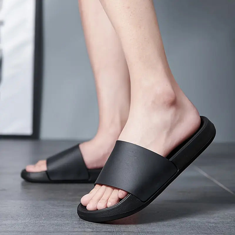 Men'S Slip-On Sandals - Non-Slip Sole, Cushioned EVA Footbed, All-Season Indoor/Outdoor House Shoes - Lightweight & Portable Slip-Ons for Home, Beach, Travel - Easy-Clean Black Slippers, Beach Footwear, Simple Slipon, Durable Construction, Comfortable