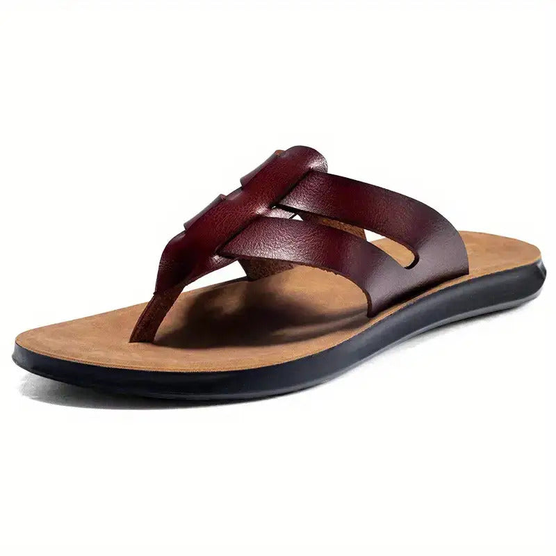 Magic Lion Men's Retro Flip Flops - Anti-Slip Cushioned Arch Support, PU Upper & PVC Sole, Brown Beach Sandals with Unique Strap Design, Breathable EVA Insole & Cushioned Footbed for Gym, Pool, Travel, Business - All-Day Comfort Slip-On Footwear,