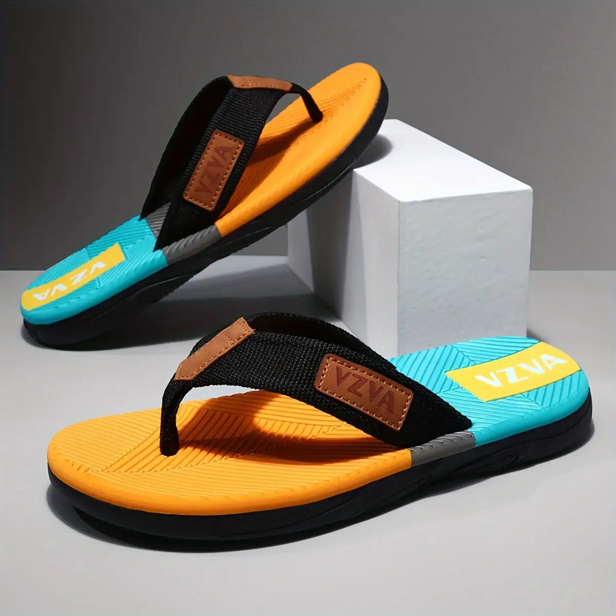 Men's Non-Slip Flip-Flops with Cushioned Insoles and PU Soles- Lightweight EVA Upper Layer, Open Design, Arch Support- Black/Blue Block Indoor and Outdoor Sandals, Suitable for Beach, Pool, Home Use- Casual Comfortable Shoes, Men's Beach Sandals,M Beach