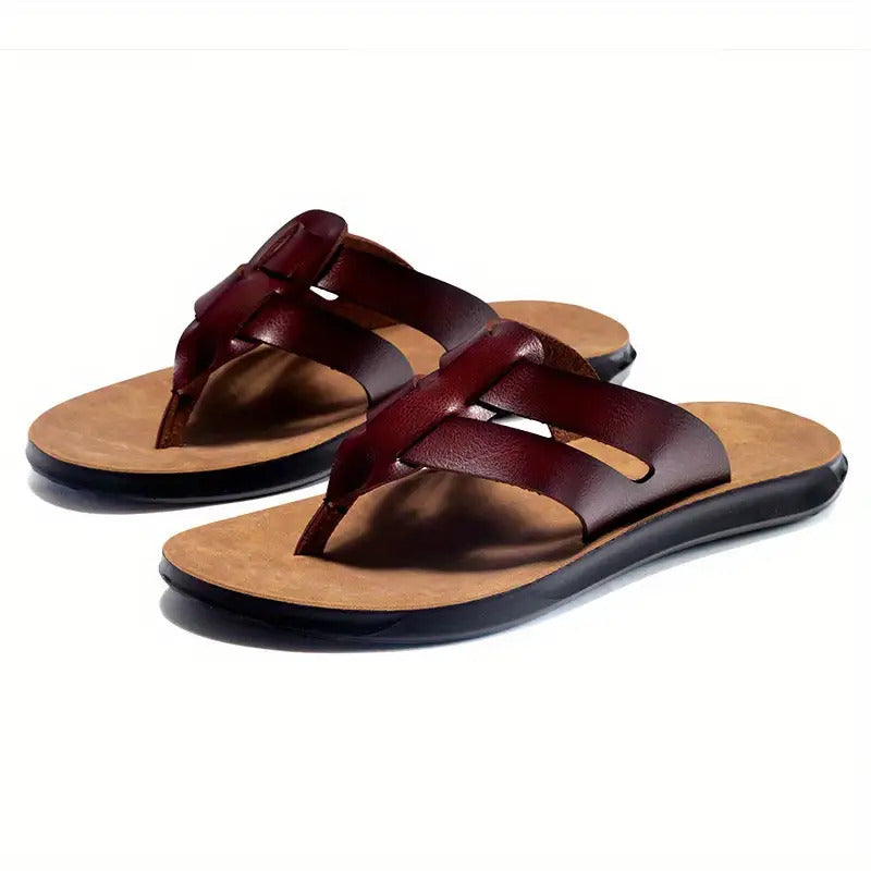 Magic Lion Men's Retro Flip Flops - Anti-Slip Cushioned Arch Support, PU Upper & PVC Sole, Brown Beach Sandals with Unique Strap Design, Breathable EVA Insole & Cushioned Footbed for Gym, Pool, Travel, Business - All-Day Comfort Slip-On Footwear,