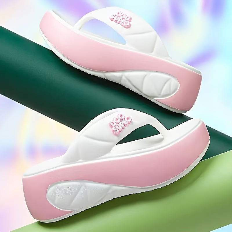 Women's EVA Thick Sole Flip Flops - Anti-Slip Soft Comfortable Slip-On Sandals with Green Accents & Dog SUEPO Text, All-Season Indoor/Outdoor Casual Shoes for Beach Walks, Daily Commuting