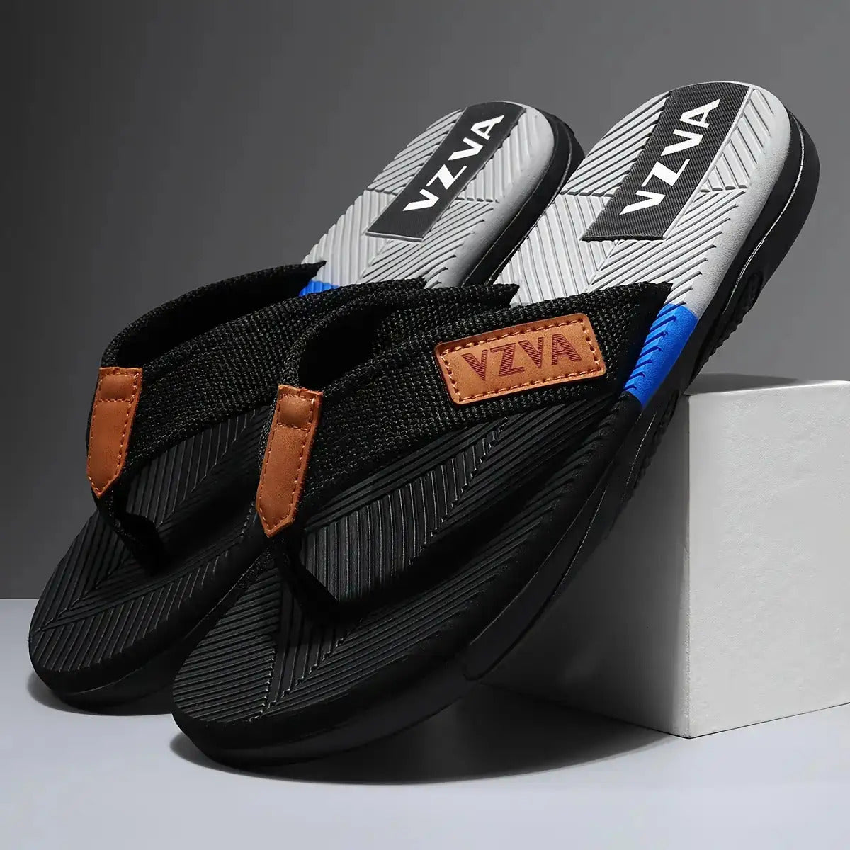 Men's Non-Slip Flip-Flops with Cushioned Insoles and PU Soles- Lightweight EVA Upper Layer, Open Design, Arch Support- Black/Blue Block Indoor and Outdoor Sandals, Suitable for Beach, Pool, Home Use- Casual Comfortable Shoes, Men's Beach Sandals,M Beach