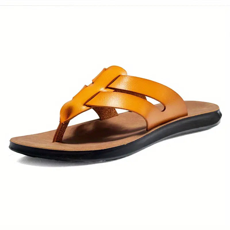 Magic Lion Men's Retro Flip Flops - Anti-Slip Cushioned Arch Support, PU Upper & PVC Sole, Brown Beach Sandals with Unique Strap Design, Breathable EVA Insole & Cushioned Footbed for Gym, Pool, Travel, Business - All-Day Comfort Slip-On Footwear,