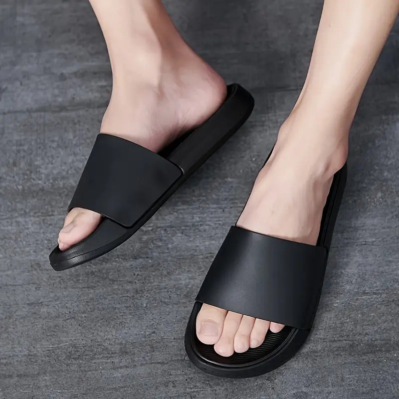 Men'S Slip-On Sandals - Non-Slip Sole, Cushioned EVA Footbed, All-Season Indoor/Outdoor House Shoes - Lightweight & Portable Slip-Ons for Home, Beach, Travel - Easy-Clean Black Slippers, Beach Footwear, Simple Slipon, Durable Construction, Comfortable