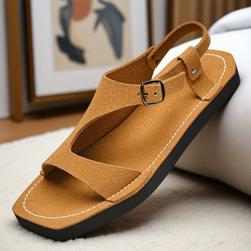 Men's Summer Sandals Slip-On Lightweight Breathable PU Upper with Adjustable Strap, Non-Slip Thick Soft EVA Sole for Casual Beach & Outdoor Wear - Yellow & Tan, EU 38-47, Strappy Sandals, Minimalist Shoe Design, Durable Comfort Insole, Vacation Shoes,