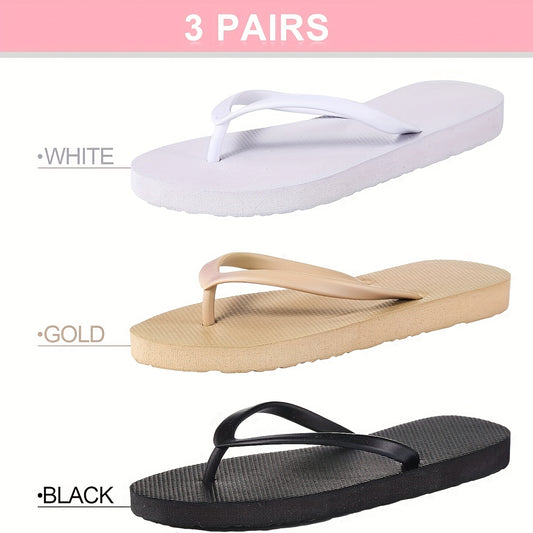 3 Pairs Of 2025 New Women'S Fashionable Slim Fit Flip Flops, Comfortable Yoga Mat Beach Slippers, Couple Style Slippers, Solid Color Casual Outdoor Home Shower Non Slip Slippers -3pcs