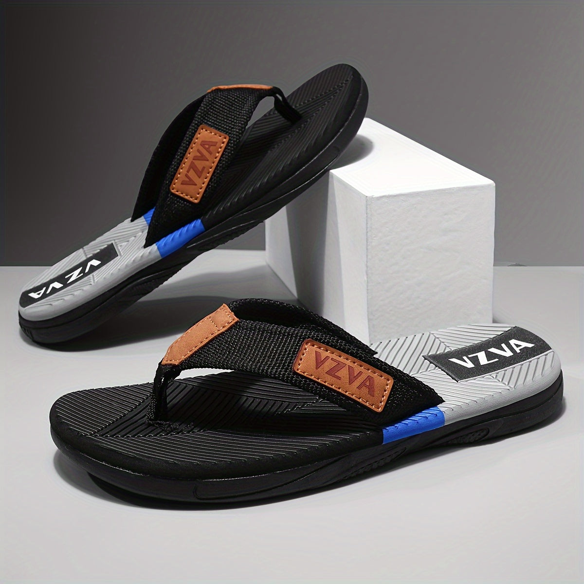 Men's Non-Slip Flip-Flops with Cushioned Insoles and PU Soles- Lightweight EVA Upper Layer, Open Design, Arch Support- Black/Blue Block Indoor and Outdoor Sandals, Suitable for Beach, Pool, Home Use- Casual Comfortable Shoes, Men's Beach Sandals,M Beach
