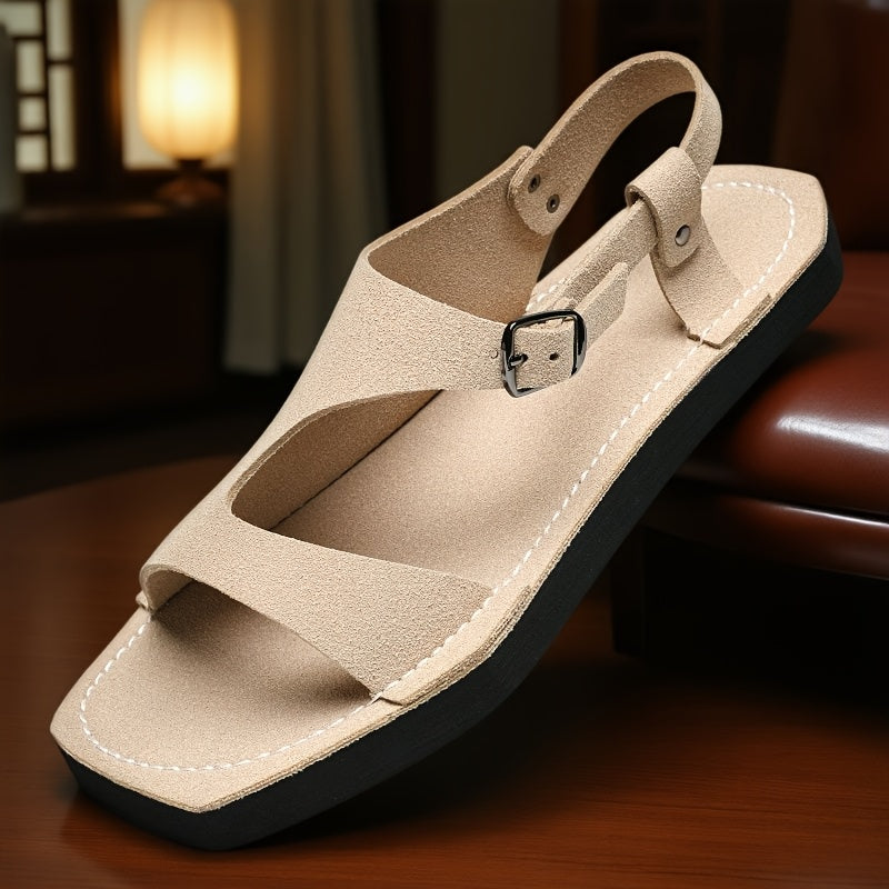 Men's Summer Sandals Slip-On Lightweight Breathable PU Upper with Adjustable Strap, Non-Slip Thick Soft EVA Sole for Casual Beach & Outdoor Wear - Yellow & Tan, EU 38-47, Strappy Sandals, Minimalist Shoe Design, Durable Comfort Insole, Vacation Shoes,