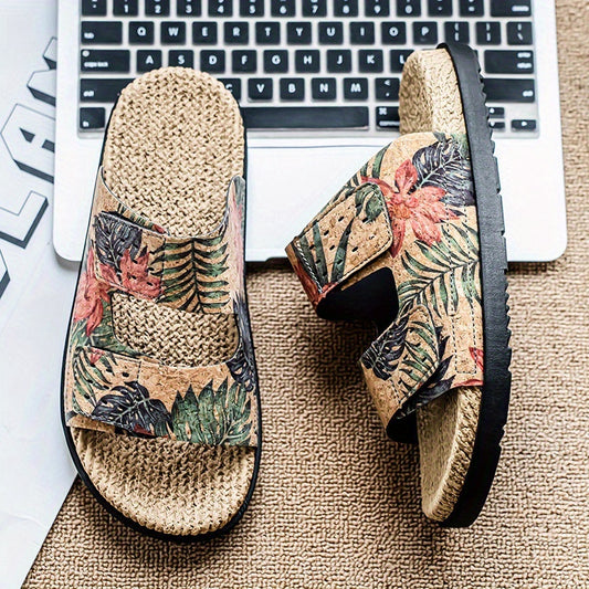 Men's Slip-On Sandals - Tropical Floral beach shoes with Quick-Dry PU Upper & Cushioned EVA Insole - Non-Slip PVC Sole for Pool, Vacation, Casual Outdoors - Slip Resistant Footwear Brown/Green/Red/Blue/Black/Orange/White/ - Lightweight Summer Footwear for