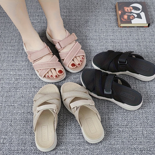 Women'S Summer Beach Slides - Casual Open-Toe Platform Sandals with Non-Slip Sole, Ankle Strap, and Comfortable EVA Insole, Perfect for Vacation and Outdoor Activities, Beach Footwear | Platform Heel Sandals | Fabric Upper Sandals, Beach Accessorie