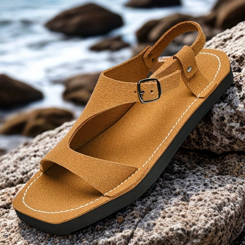 Men's Summer Sandals Slip-On Lightweight Breathable PU Upper with Adjustable Strap, Non-Slip Thick Soft EVA Sole for Casual Beach & Outdoor Wear - Yellow & Tan, EU 38-47, Strappy Sandals, Minimalist Shoe Design, Durable Comfort Insole, Vacation Shoes,