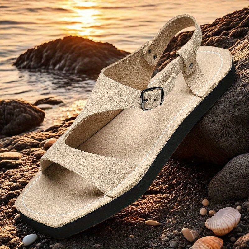 Men's Summer Sandals Slip-On Lightweight Breathable PU Upper with Adjustable Strap, Non-Slip Thick Soft EVA Sole for Casual Beach & Outdoor Wear - Yellow & Tan, EU 38-47, Strappy Sandals, Minimalist Shoe Design, Durable Comfort Insole, Vacation Shoes,