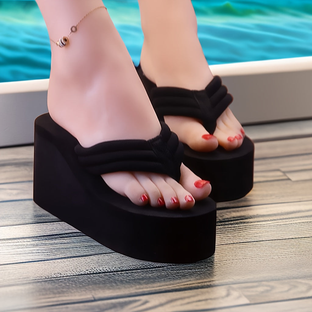 Women's Solid Color Platform Slides, Soft Sole Casual Slip On Non-slip Flip Flops, Summer Wedge Beach Slides