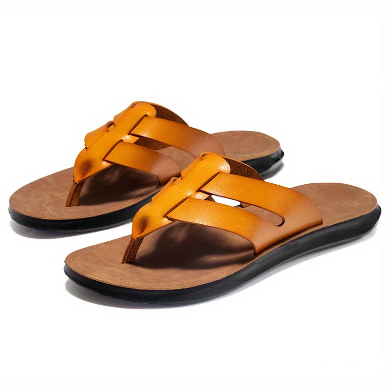 Magic Lion Men's Retro Flip Flops - Anti-Slip Cushioned Arch Support, PU Upper & PVC Sole, Brown Beach Sandals with Unique Strap Design, Breathable EVA Insole & Cushioned Footbed for Gym, Pool, Travel, Business - All-Day Comfort Slip-On Footwear,