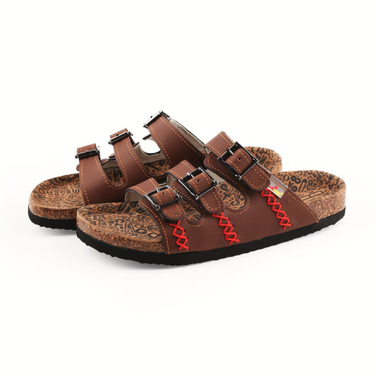 [Durable Build] Women's Retro Buckle Strap Cork Slides - Open Toe, Soft EVA Sole, Casual Beach Sandals with Adjustable Double Buckle Design, Brown Leather Upper with Artistic Pattern