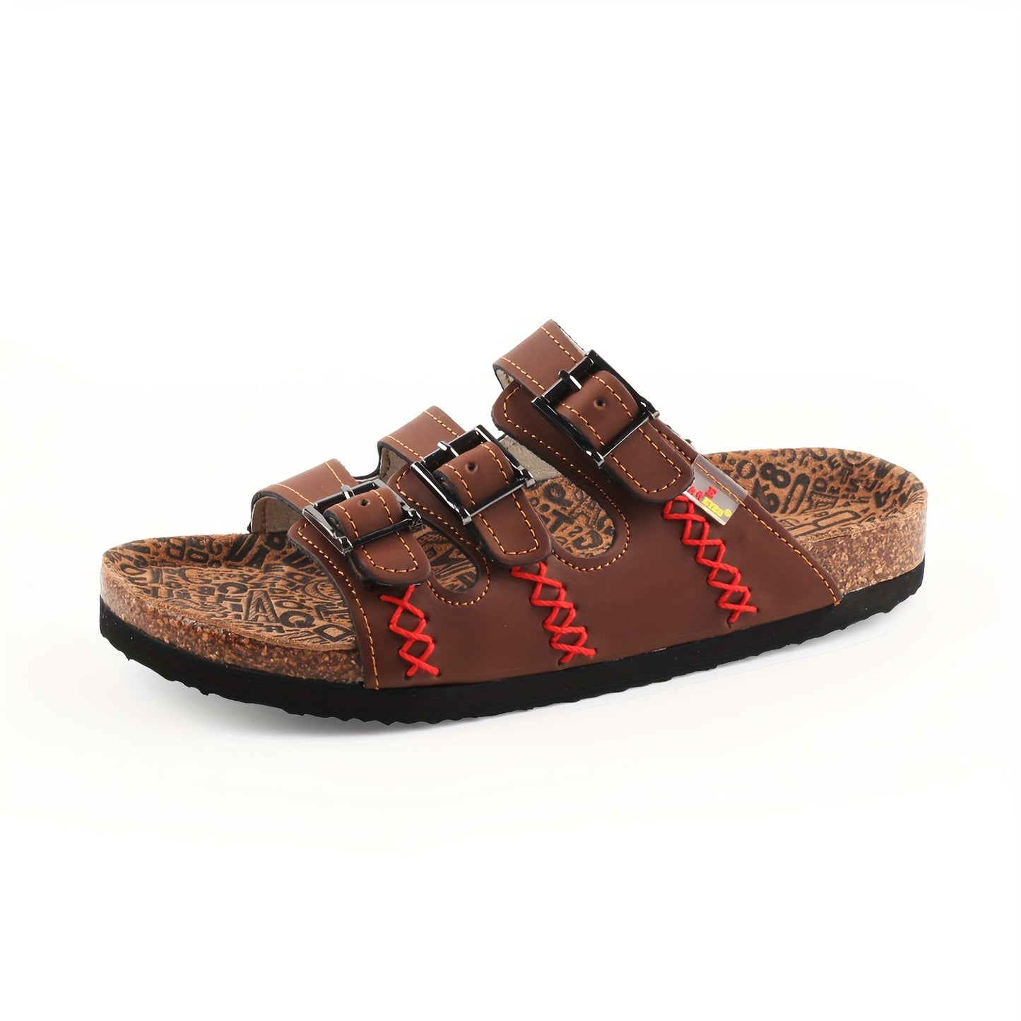 [Durable Build] Women's Retro Buckle Strap Cork Slides - Open Toe, Soft EVA Sole, Casual Beach Sandals with Adjustable Double Buckle Design, Brown Leather Upper with Artistic Pattern