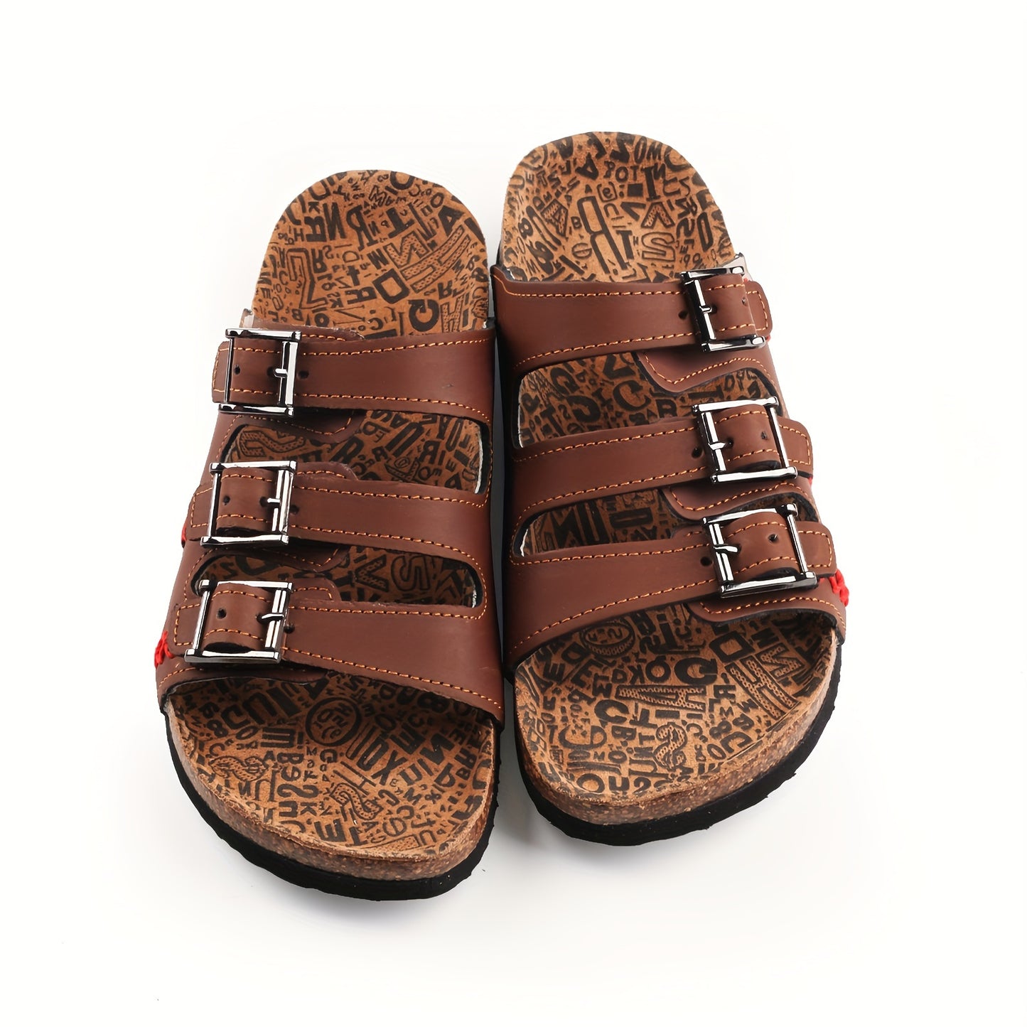 [Durable Build] Women's Retro Buckle Strap Cork Slides - Open Toe, Soft EVA Sole, Casual Beach Sandals with Adjustable Double Buckle Design, Brown Leather Upper with Artistic Pattern