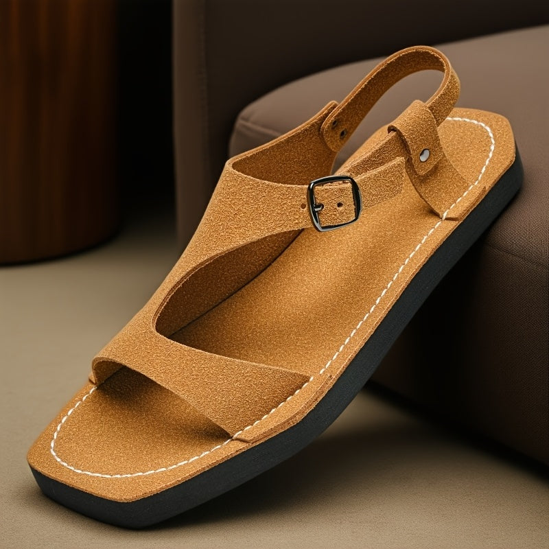 Men's Summer Sandals Slip-On Lightweight Breathable PU Upper with Adjustable Strap, Non-Slip Thick Soft EVA Sole for Casual Beach & Outdoor Wear - Yellow & Tan, EU 38-47, Strappy Sandals, Minimalist Shoe Design, Durable Comfort Insole, Vacation Shoes,