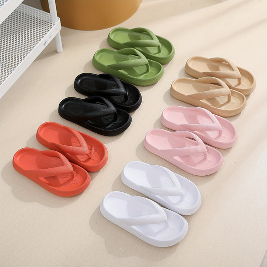 Solid Color EVA Flip Flops, Simple Style Soft Sole Wear-resistant Pillow Slides, Indoor & Outdoor Beach Shoes for Holiday