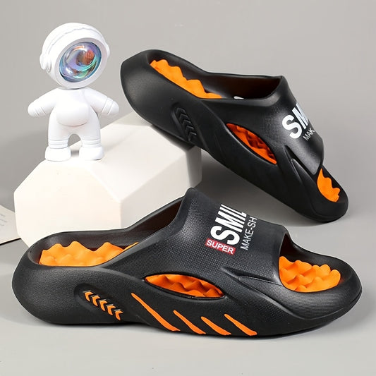 2025 Summer Unisex Outdoor Slides - Non-Slip EVA Sandals with Heart & Star Design, Breathable Open-Toe Beach Shoes for Men & Women, Durable Casual Slippers for Home, Travel, and Pool (Black/Orange), Summer Sandals, Home Relaxation Footwear, Playful