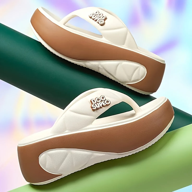 Women's EVA Thick Sole Flip Flops - Anti-Slip Soft Comfortable Slip-On Sandals with Green Accents & Dog SUEPO Text, All-Season Indoor/Outdoor Casual Shoes for Beach Walks, Daily Commuting