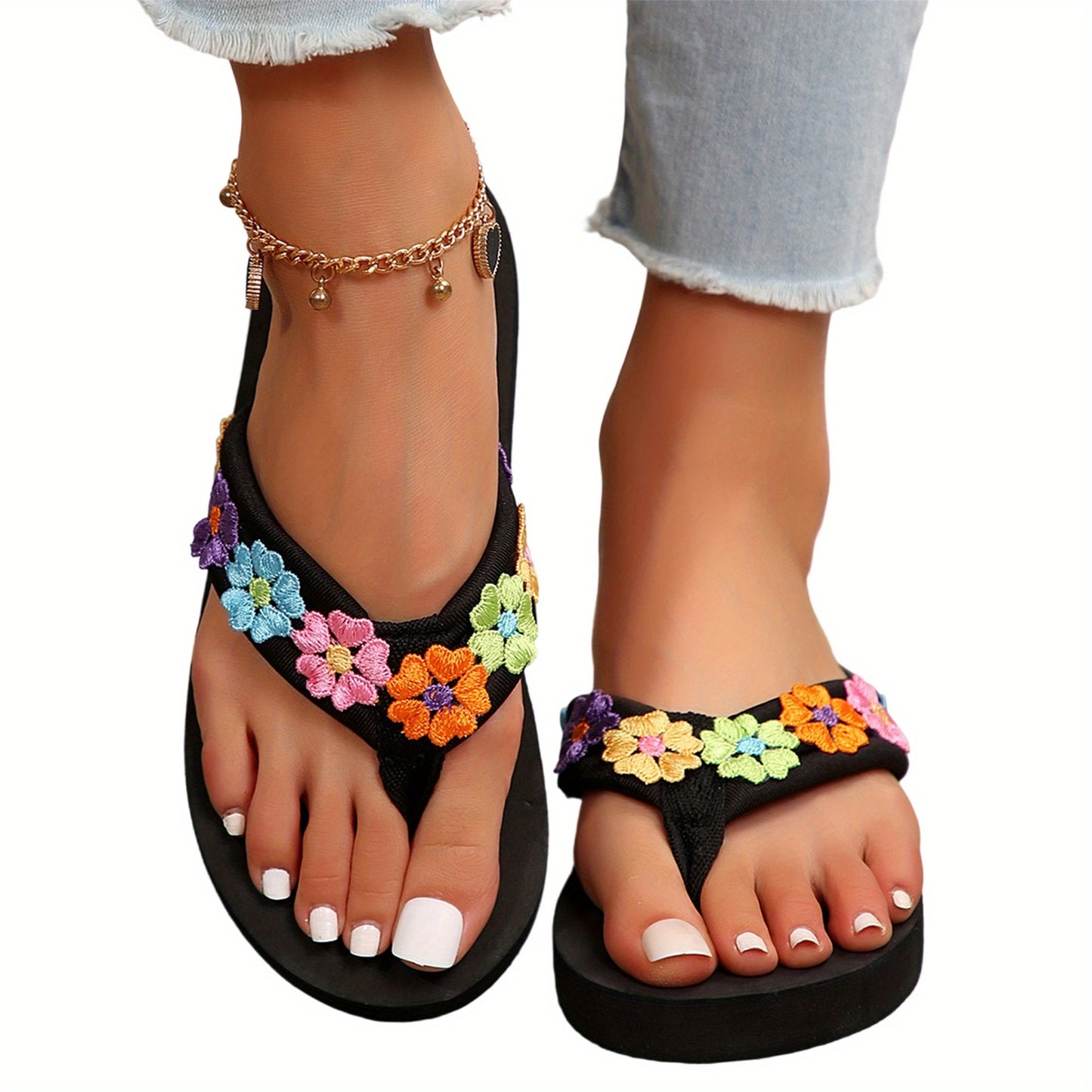 Women'S Bohemian Floral Applique Platform Flip Flops - Non-Slip EVA Sandals with Colorful Flower Design, Flat Heel Beach Slides for Casual Summer Wear, Hand Washable, Beach Shoes, Comfortable Footwear, Durable Traction Footwear, Vacation Footwear,