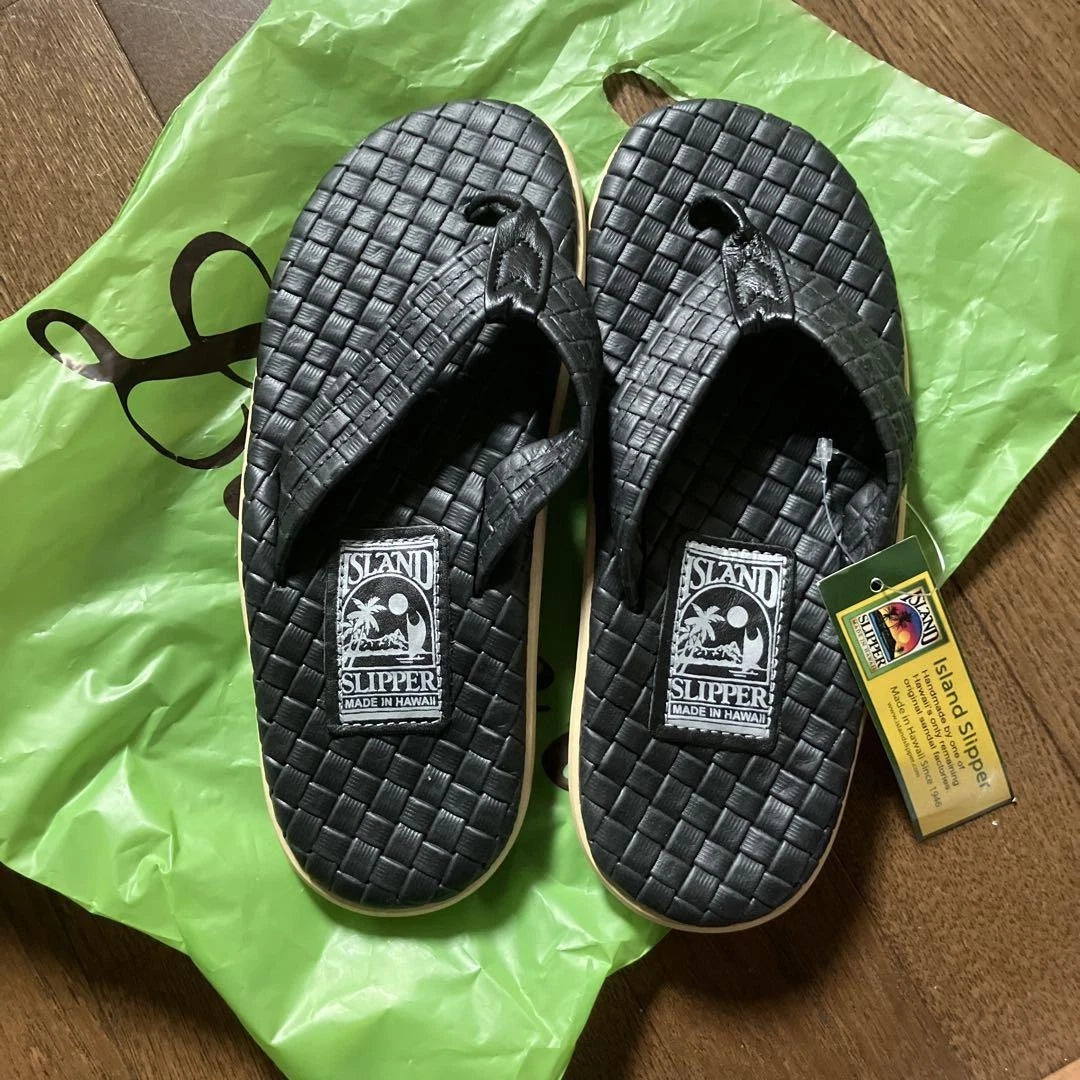 Island Slipper Leather Sandals Black 25cm Hawaii Flat Slip-On Shoes