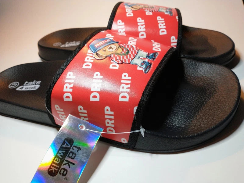 Hustle Bear Slides Sandals Slippers Men's Size 13 Black & Red Drip Fashion NWT