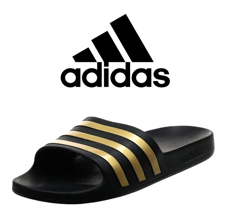 ADIDAS Adilette Aqua Sandals Mens SIZE 11 Black Gold Striped Pool Slides NIB NWT