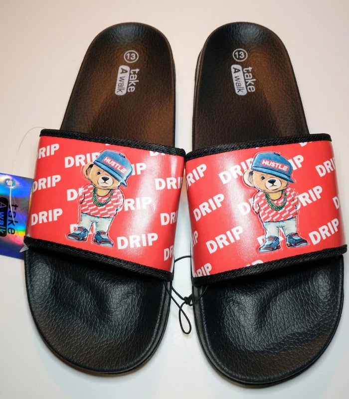 Hustle Bear Slides Sandals Slippers Men's Size 13 Black & Red Drip Fashion NWT