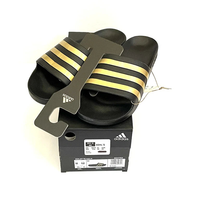 ADIDAS Adilette Aqua Sandals Mens SIZE 11 Black Gold Striped Pool Slides NIB NWT