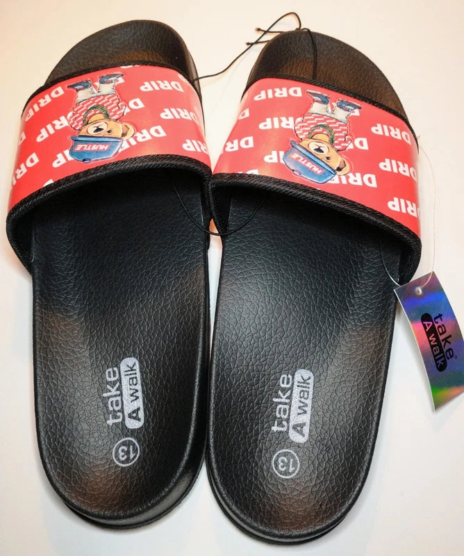 Hustle Bear Slides Sandals Slippers Men's Size 13 Black & Red Drip Fashion NWT