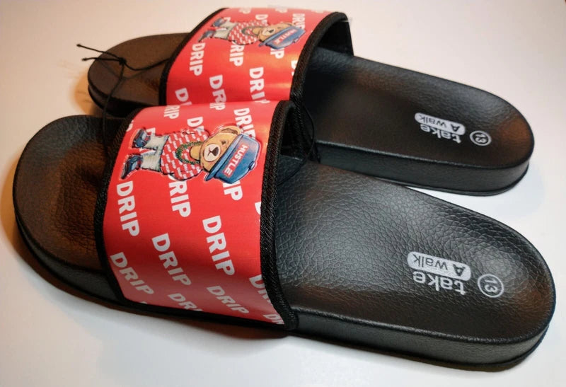 Hustle Bear Slides Sandals Slippers Men's Size 13 Black & Red Drip Fashion NWT