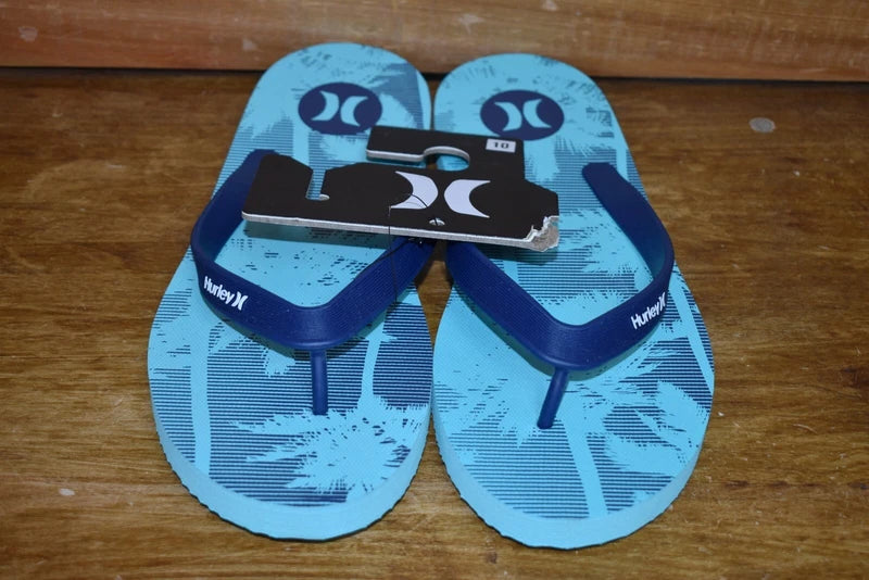 Hurley Tropical Palm Trees Turquoise Blue Flip Flops Slippers Men's Size 10 NWT