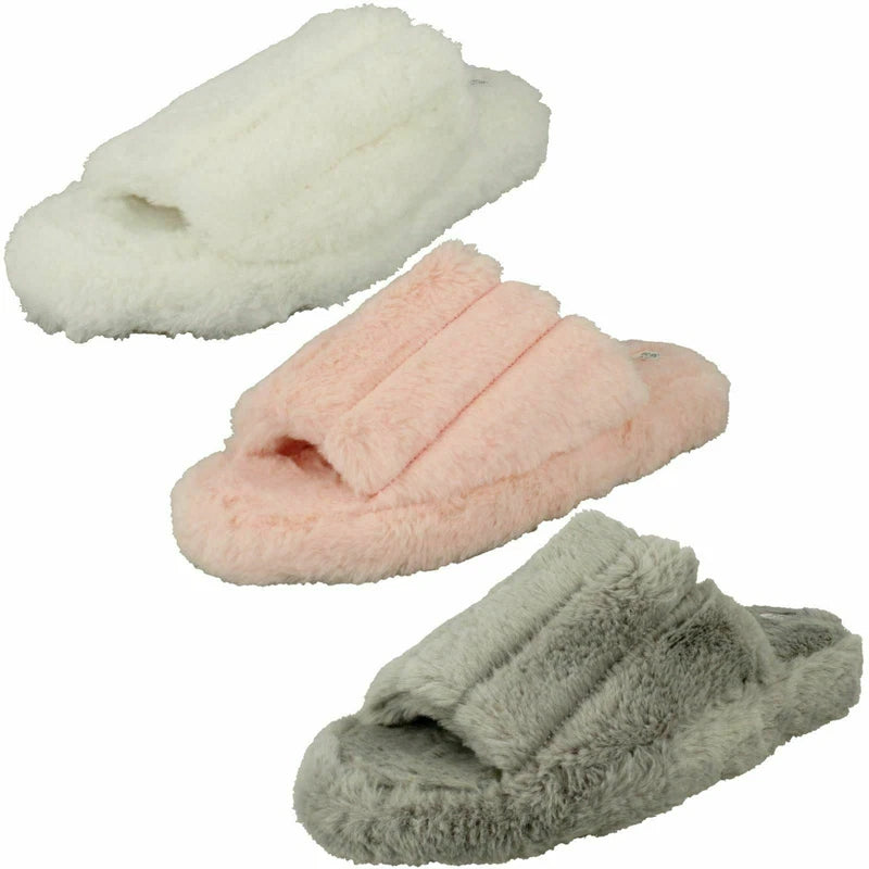Ladies Faux Fur Striped Detail Sliders / Slippers : X2R119