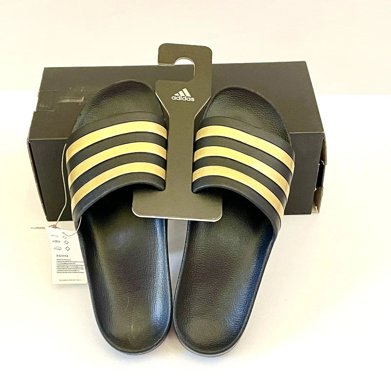 ADIDAS Adilette Aqua Sandals Mens SIZE 11 Black Gold Striped Pool Slides NIB NWT
