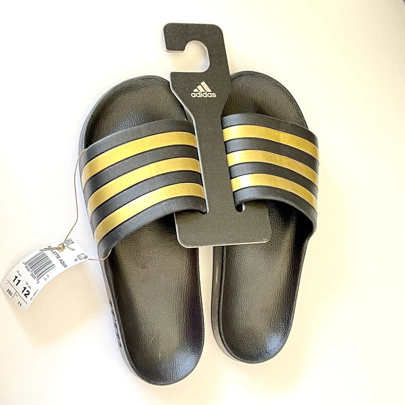 ADIDAS Adilette Aqua Sandals Mens SIZE 11 Black Gold Striped Pool Slides NIB NWT
